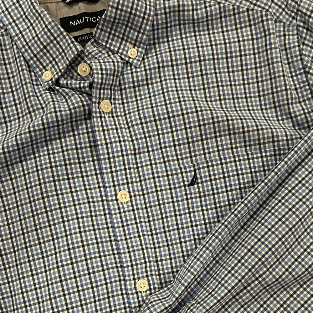 Plaid/Gingham NAUTICA Long-sleeve Button-down Shirt,Blues/White,Wrinkle-Resist,M